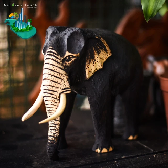 Realistic Wooden Elephant Lucky Statue Sculpture Hand Carved Wood Figurine 8"