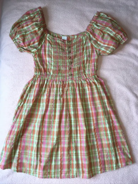 girls next seersucker summer dress pink green orange checked age 12 years