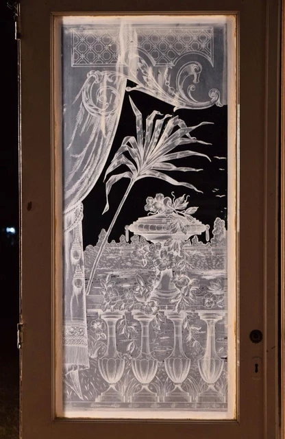 *Pair of Antique French Etched Glass Doors With Peacock Frosted Glass Salvage 2