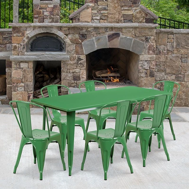 Commercial Grade 31.5" x 63" Rectangular Green Metal Indoor/Outdoor Table Set w/
