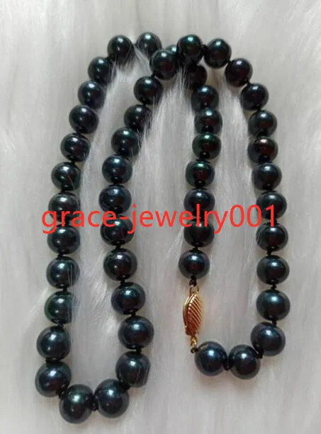 18" Stunning AAA 8-9mm Natural Tahitian Black Pearl Necklace 14k Gold