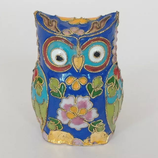 Vintage 2.25" Cloisonne Owl Figurine Metal Hollow Enamel & Gold Tone Floral