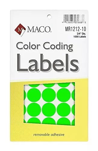 MACO Neon Green Round Color Coding Labels, 3/4 Inches in Diameter, MR1212-10