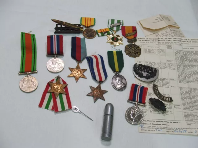 Mixed Bag Of Medals Ww1- Vietnam Badges, Trench Lighter &Efficiency Medal.