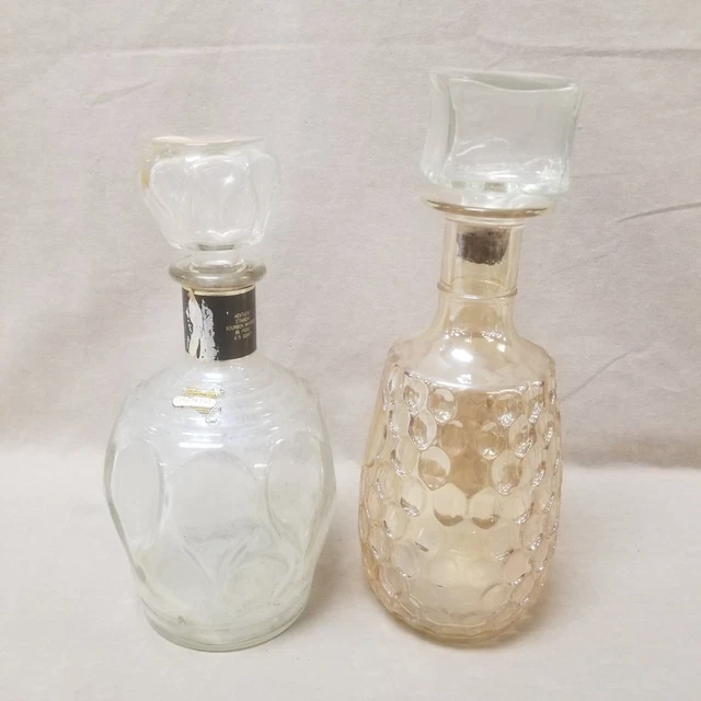 2 Vintage Flash Glass Carnival Bourbon Whiskey Bottles Decanters Clear & Peach
