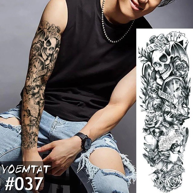 1Pc Temporary Tattoo Sticker Skull clock Full Flower Tattoo with Arm Body Art