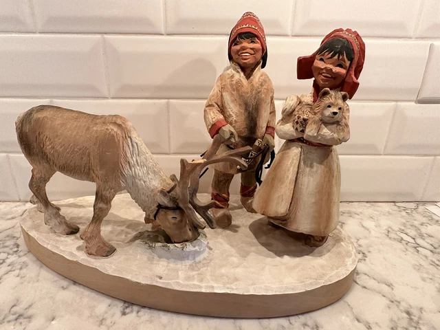 Huge Vintage Henning Norway Handcarved Wood Lap Couple Reindeer Dog 10’ Tall