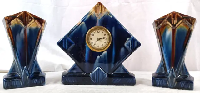 GARNITURE DE CHEMINEE Ceramique Emaillee ART DECO Horloge 2 Cassolettes clock E