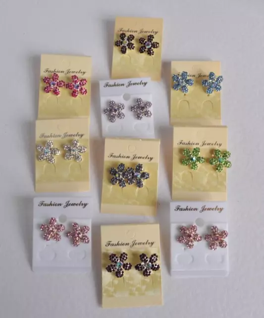 Job lot stud earrings bundle. 10 pairs. Crystal diamante daisy flowers. Sparkly