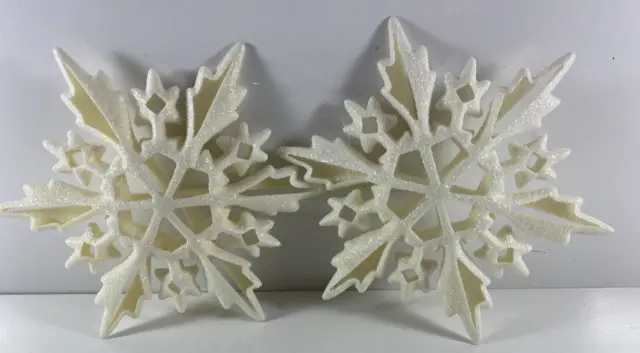 Lot 2 Large 8 in 3D Ivory Glitter Snowflake Hanging Ornaments