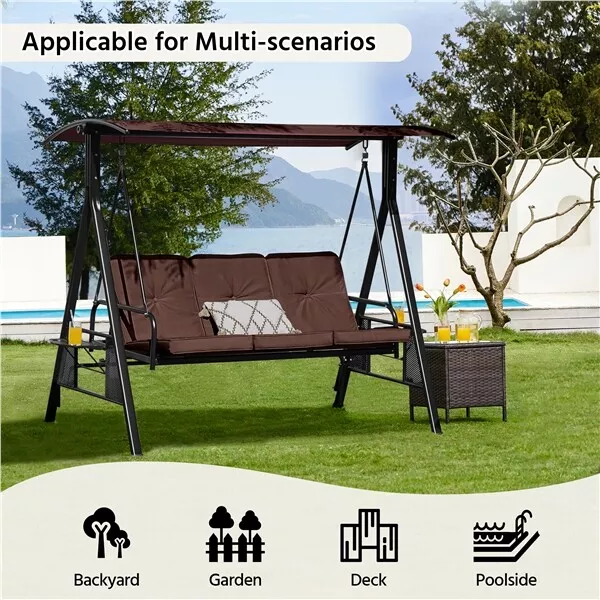 3-Seat Deluxe Outdoor Patio Swing Garden Swing Seat w/ Adjustable Tilt Canopy 3
