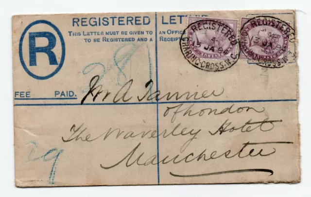 1894 2d blue embossed Registered envelope up-rated with 2 x 1d lilac cancelled