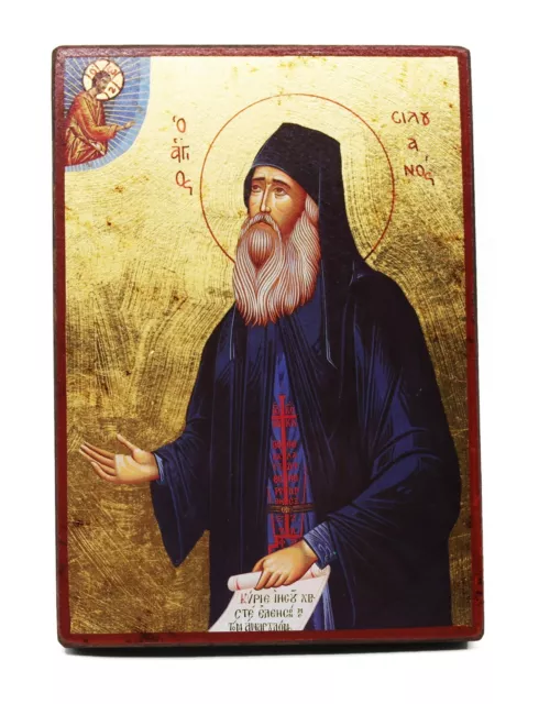 Greek Russian Orthodox Handmade Wooden Icon Saint Silouan the Athonite 19x13cm