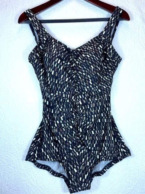 Maxine of Hollywood Swimsuit Ruched Brown Black Retro Padded One Piece Size 12