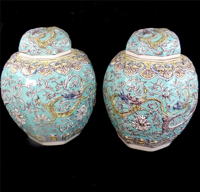 Paar Orientalische Porzellan Inwergläser & Abdeckungen Chinesische Japanische Türkis Drachen