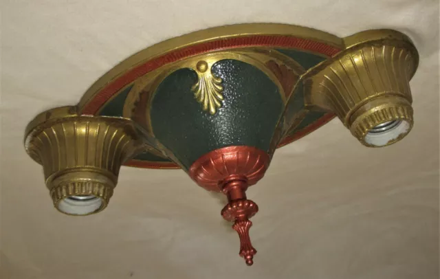 Antique Deco Cast Metal Flush Mount Chandelier Ceiling Light Fixture 1930'S