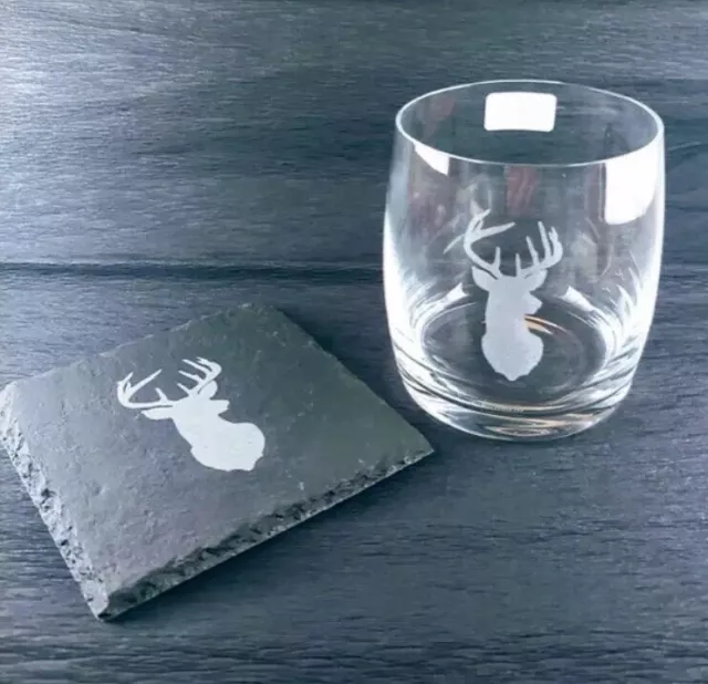 Stag Head Crystal Whisky Glass Tumbler & Square Rustic Slate Coaster Gift 350ml