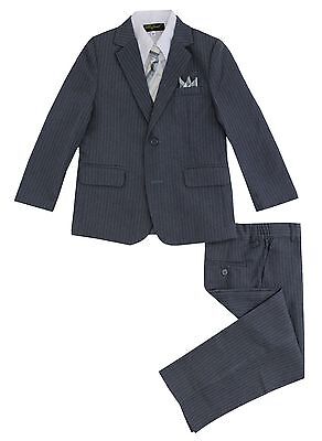 Boys Grey Pinstripe Suit 5 Pieces Set with Vest and Tie Size 2T-14 Two Button