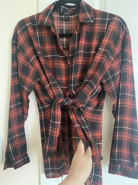 Forever 21 Plaid Red Black Long Sleeve Collared Loose Tie Up Blouse Top Sz S