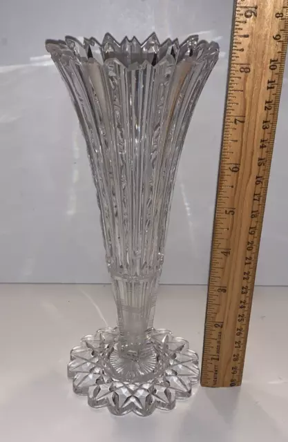 Antique ABP Tall Cut Glass Zipper Trumpet Vase American Brilliant Period Jagged