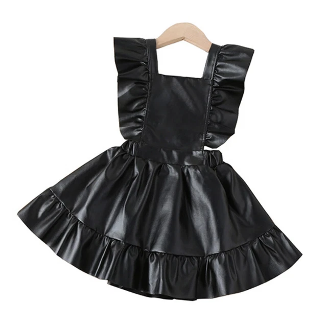 Ragazze PU Ecopelle Vestito Volant Un Linea senza Maniche Pullover Nero Casual