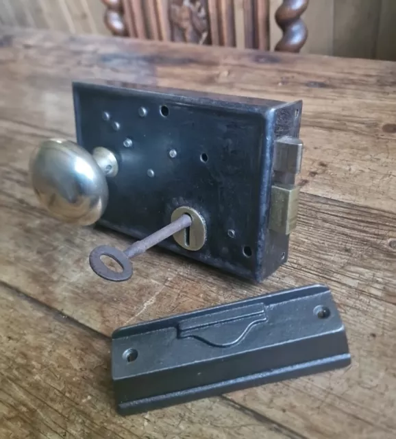 Antique Restored Rim Lock, Key, Keep & Victorian Brass Knobs