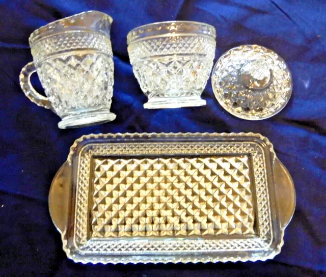 Depression Glass Wexford Design Tray Creamer & Sugar Bowl/ Lid Matching Set Used