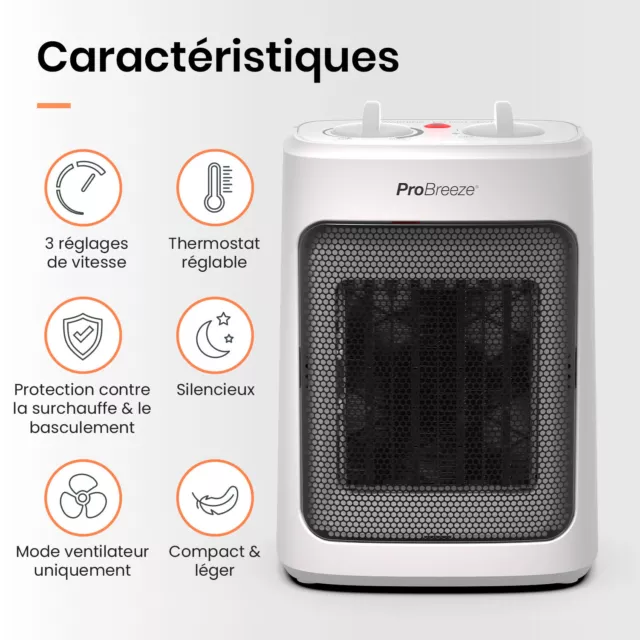 Pro Breeze Mini Radiateur Céramique 2000W, 3 Niveaux de Puissance, Compact Blanc 2