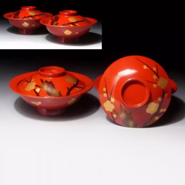 $UM91 Vintage Japanese Lacquered Wooden Covered bowls, MAKIE, Plum Tree