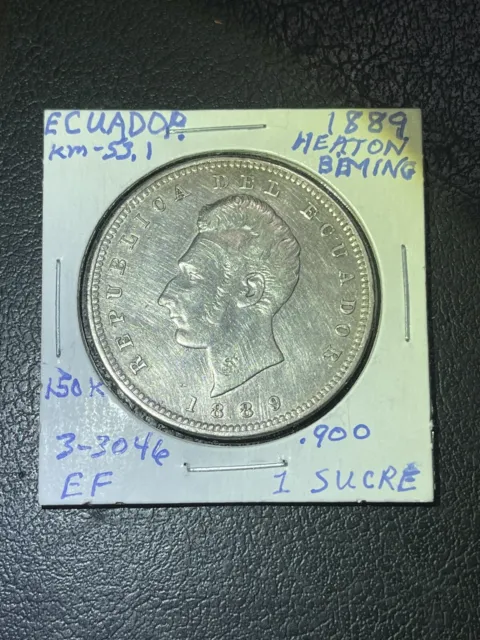 ECUADOR 1889 Heaton 1 Sucre Silver Crown KM#-53.1 Nice FINE Condition
