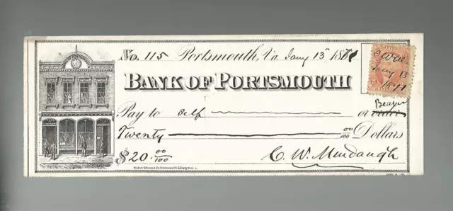 1871 Bank Of Portsmouth Check With Revenue Tax Stamp Virginia C W Murdaugh