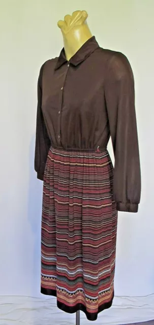 DRESS Brown Long sleeve Stripe border print Skirt Shirt top Sz S 1970s VINTAGE