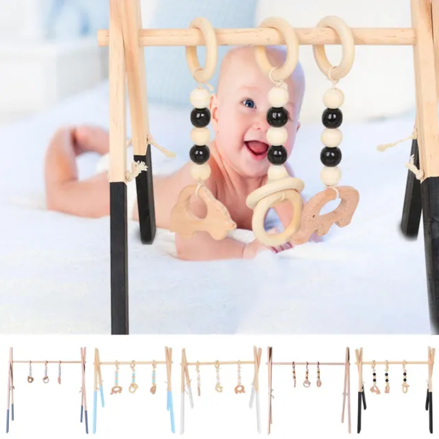 Baby Wood Gym Wood Play Gym with 3 Wooden Baby Teething Toys Foldable Baby Play
