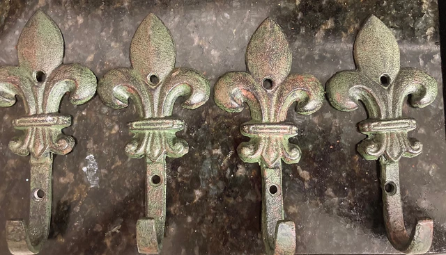 4 Cast Iron Verdigris Fleur de Lis Hooks Never Used, 5.25”