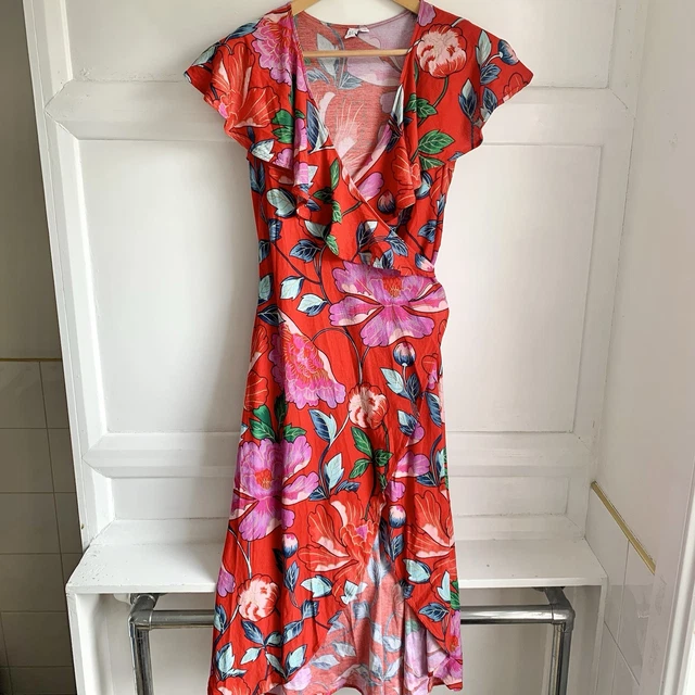 other stories ruffled midi wrap dress Ruffled Midi Wrap Dress - Pink Print