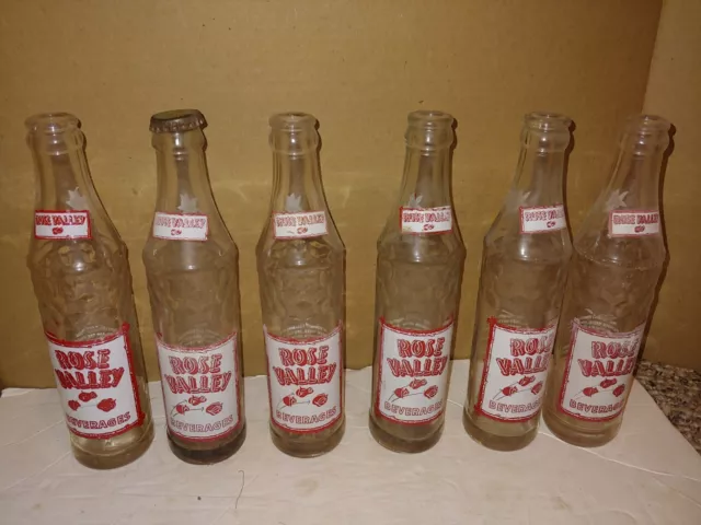 Six Vintage 50s/60s Rose Valley Beverages Soda 8 Oz ACL Glass Bottles,Darby,Pa.