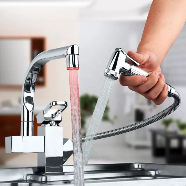 Pull out Spray LED Swivel Spout Kitchen Faucet Sink Mixer Tap Deck Mounted