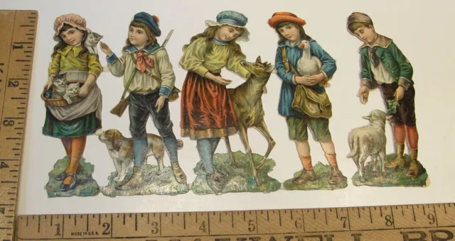 Lot 5 Victorian Die Cut Scrap Embossed Chromo Children W/Animals Cat Dog Lamb +