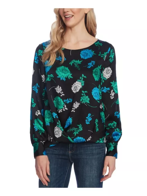 NWT $99 VINCE CAMUTO Women's S XS Black Green Blue Floral Long Sleeve Top Blouse