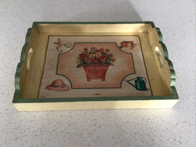 Bandeja de servir de madera decorativa pintada a mano escena de jardín con asas