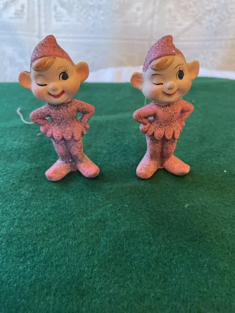 2 Rare Vtg Glittery Pixie Winking elf figurines ceramic Sparkle Pink  Ornaments