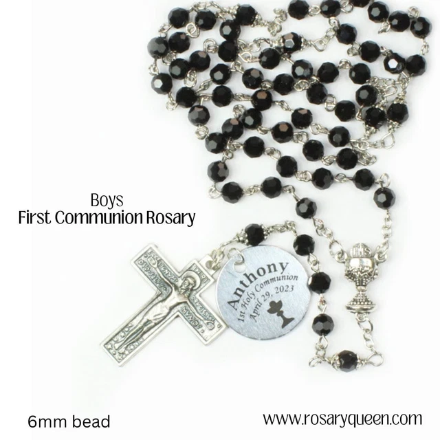 PERSONALIZADO Niños Primera Comunión Rosario GRABADO Rosario Cuentas de Cristal Negro 6mm