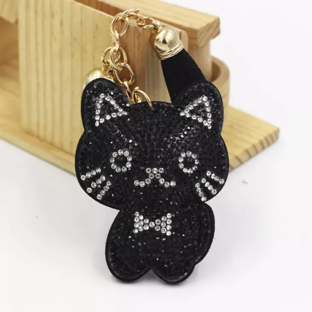 Cat Keychain Crystal Rhinestone Faux Suede Sparkly Black Grey Bag Purse Zipper