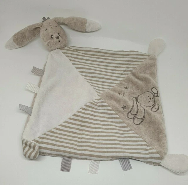 Doudou Auchan Lapin Plat Marron Taupe Beige Creme Blanc Etoile Raye Rayure 32