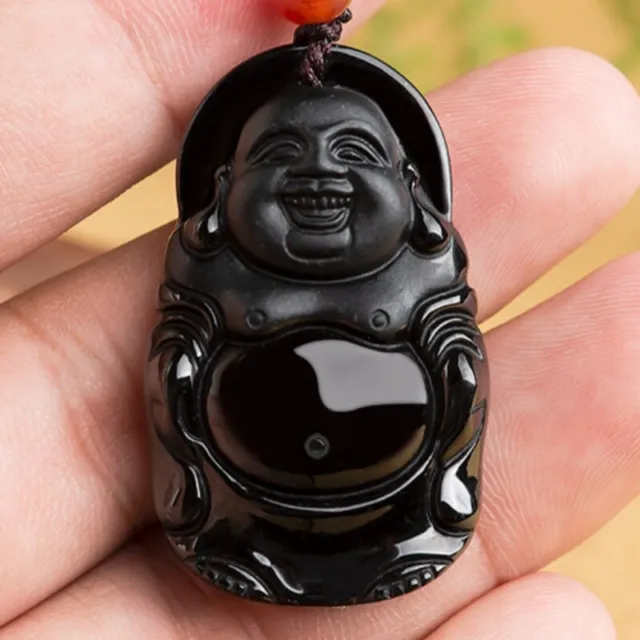 Natural Genuine A Black Jade Jadeite China Style Maitreya Pendant 开心佛