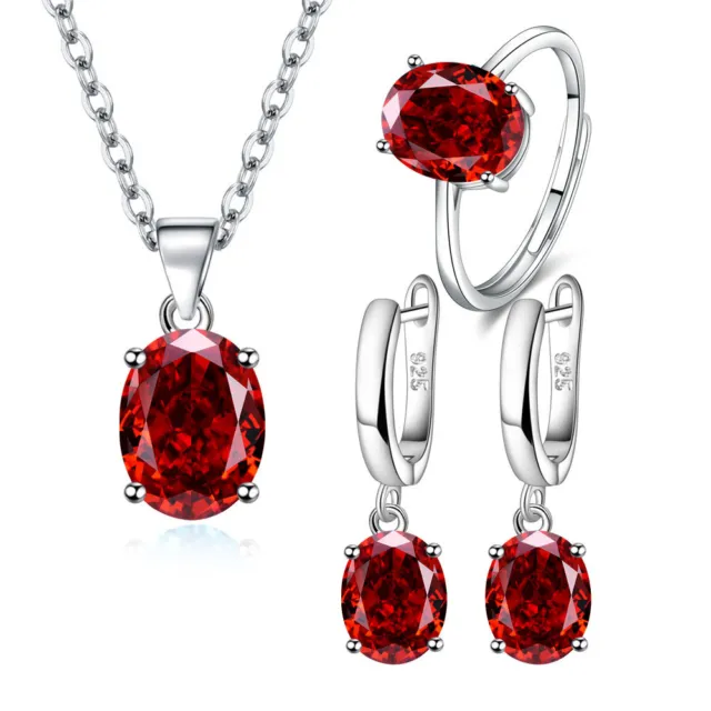 Women 925 sterling Silver earrings necklace ring red oval zircon jewelry sets