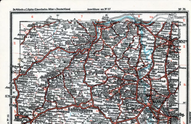 Kaiserslautern Mainz Kreuznach Kusel 1908 kl. orig Eisenb.-Karte Darmstadt Worms