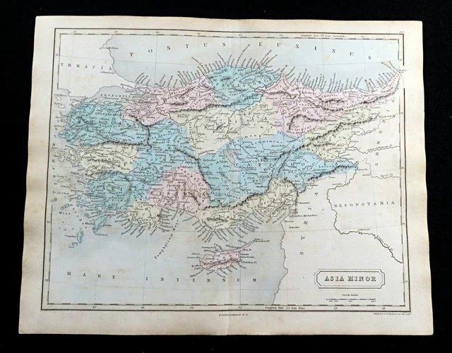 Ancient Asia Minor Map Roman Empire Latin Antique Hand Coloured Engraving 1861