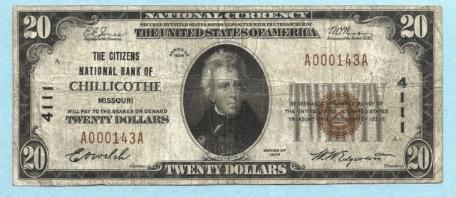 $20 National Currency 1929 T1 - Ch#4111 - Citizens NB, Chillicothe, MO - VF+