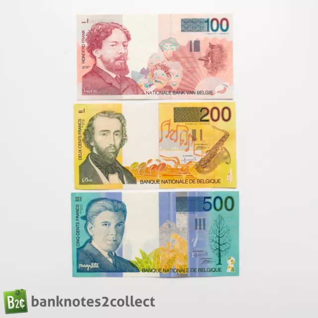 BELGIUM: Set of 3 Belgian Franc Banknotes.